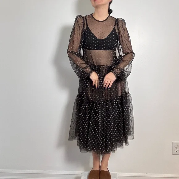 Sheer Black and Tan Polka Dot Maxi Dress - Size M - Picture 7 of 13